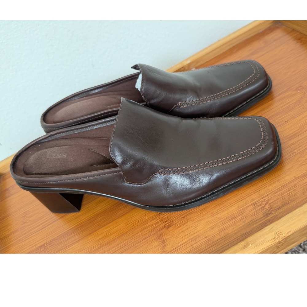 Bass Ceecee Brown Leather Square Toe Block Heel Mules 9.5M 621020A-206 Preppy - Picture 5 of 16